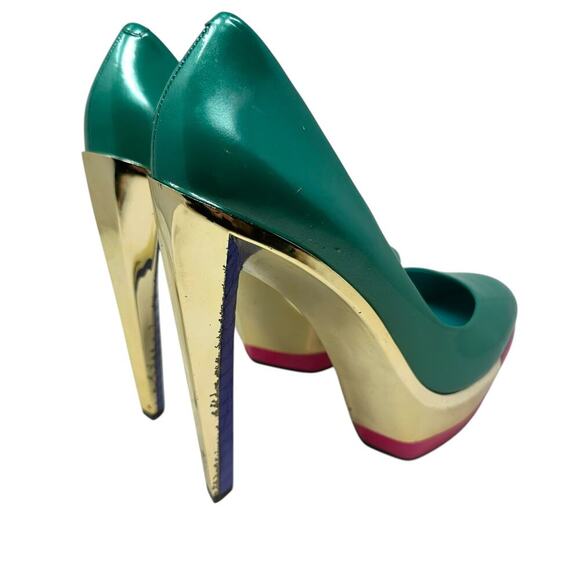 B Brian Atwood Leonida Turquoise Multi Platform Metal Gold Pump Heel Size US 10 - Picture 8 of 12